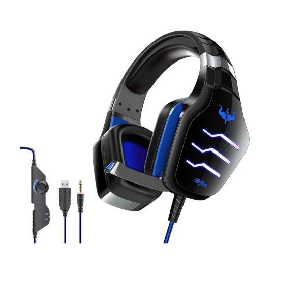 سماعات رأس OVLENG GT86 المحيطية مخصصة للألعاب بتقنية العزل بميكروفون مدمج بأضائة ليد بجاك واحد للكمبيوتر و الموبايل و البلاى ستيشن 4 و 5 من أوفلينج، سلكي، اسود وازرق