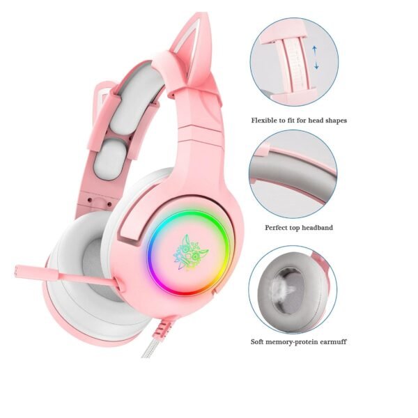 سماعات رأس للالعاب للبنات من اونيكوما K9 بإضاءة RGB ونظام صوت محيطي متعدد المنصات مع اذان قطة قابلة للفصل، بينك، زهري